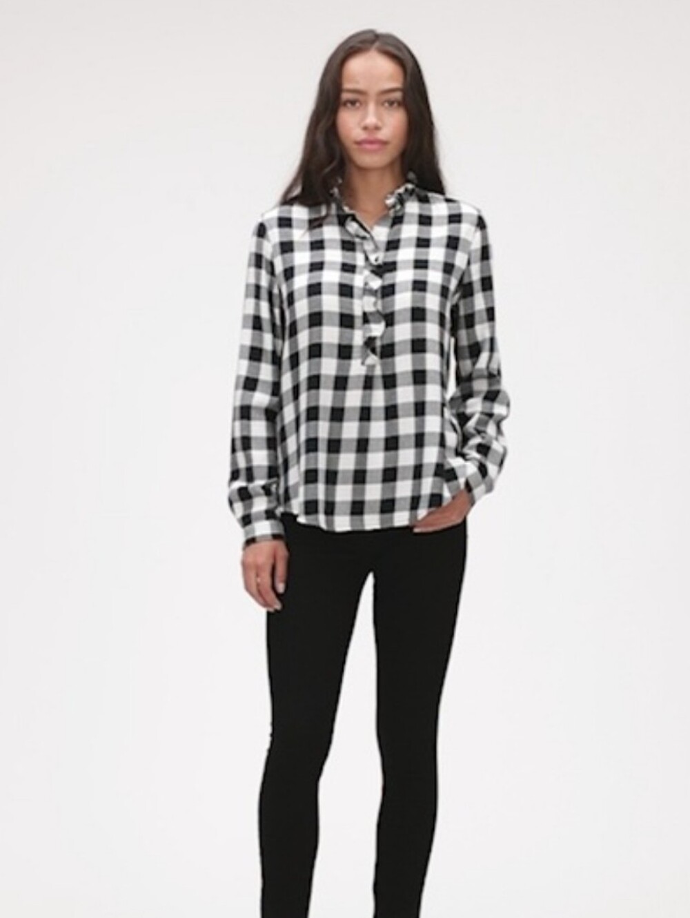 GAP Black And White Checkered Gingham Half Button Down Long Sleeve Top